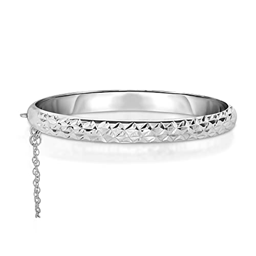 Savlano 14K Gold Plated Over 925 Sterling Silver Solid Diamond Cut Bangle Bracelet 7 inch with Safety Chain for Women Comes With Gift Box - Made in Italy