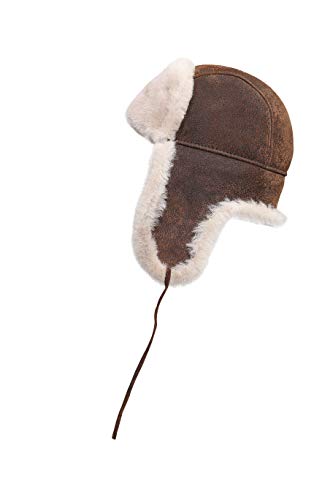Image of Leather Aviator Shearling Ushanka Trapper Hat Russian Sheepskin Cap Real Fur Winter Hat with Ear Flaps for Men Women