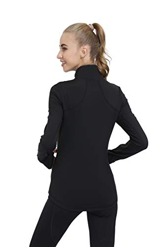 Dolcevida Women\'s Slim Fit Workout Track Jackets Full Zip Stretchy Warm up Active Running Jacket with Thumb Holes (Deep Black, L)