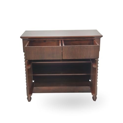 Image of Gharaana Kanak Wooden Console Table, Brown, with Spindle Legs and Arched Doors, 89 x 41 x 91 cm