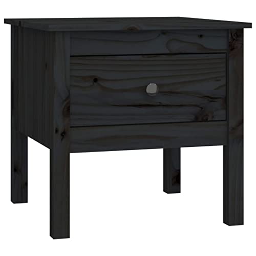 hliofuir Mesa auxiliar negra 50 x 50 x 49 cm madera maciza de pino con cajón, diseño moderno, resistente y ahorra espacio, para salón, dormitorio, pasillo