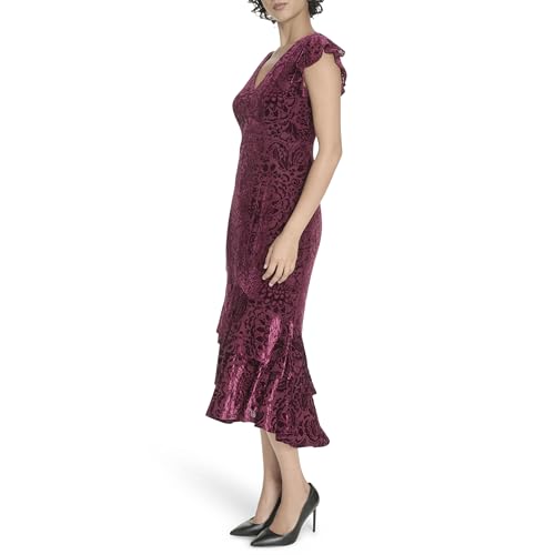 Image of Tommy Hilfiger Women's Flutter Sleeve V-Neck Ruffle Trim Hi-Lo Midi Dress
