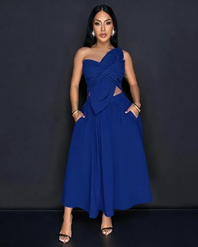 Image of YUEWOO Midi Dresses for Women Casual Summer Sundresses Vacation Outfits Spaghetti Strap Smocked Women Maxi Dress with Pockets