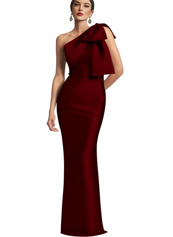 Image of IIF One Shoulder Bow Prom Dress for Women Mermaid Satin Formal Dresses Long Bodycon Evening Cocktail Gowns IIF043