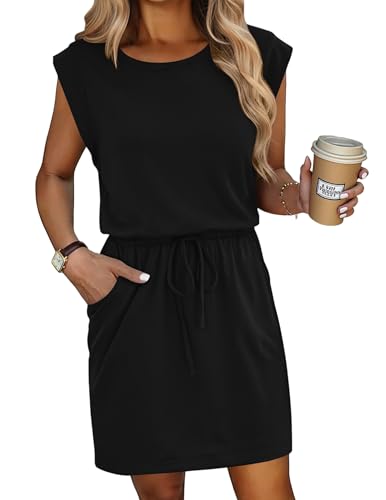 HOTOUCH Women's Summer Dresses Casual Sleeveless Dress Drawstring Waist Sundress with Pockets Black XXL