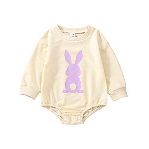 Image of Meiweileya Baby Girl Boy Gender Neutral Clothes Little Love Bunny Sweatshirt Romper Onesie Bodysuit Newborn Easter Day Outfit (Beige Purple, 6-12 Months)