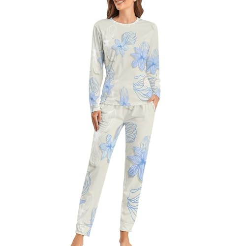 Pyjama femme fleurs bleues ensemble de nuit t-shirt manches longues et pantalon homewear