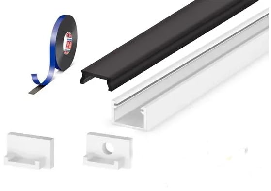 2 Metre Surface White Aluminium LED Profile P4-2 C/W Clips, End Caps & Black Cover | Best for Bedroom, Stairs, Hallway, Kitchen, Cabinet (11mm x 7mm)