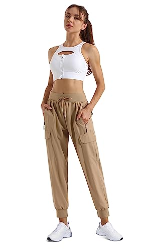 Guyongz Womens Cargo Joggers Pants Quick Dry Workout Pants Lightweight Hiking Outdoor Travel Casual Sweatpants Elastic Waist Zipper Pocket Khaki #TOP4