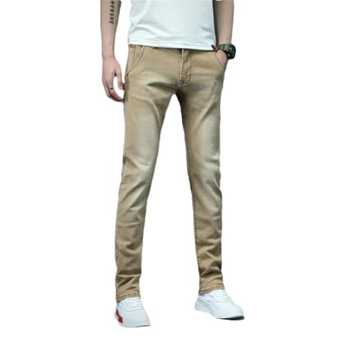 Men Solid Color Cotton Jeans Skinny Stretch Slim Blue Classic Denim Trousers Khaki 30