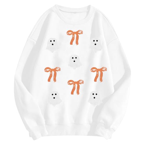Image of Generisch Pullover for Women Oversize Sweatshirt Women's Halloween Sweatshirt without Print Crew Neck Long Sleeve Top for Party Cosplay Leisure Casual European Style, White, S