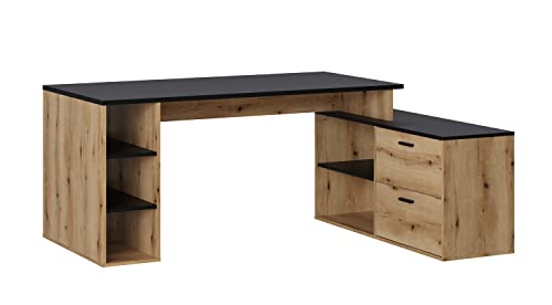 Bureau d'angle PEGANE en mélamine chêne rustique et noir, dimensions 183 x 141 x 75 cm - 3