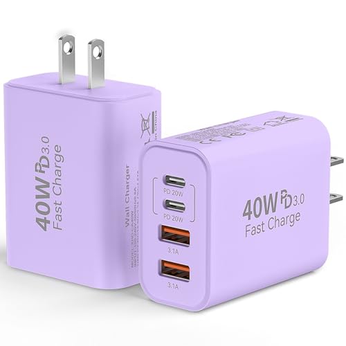 Image of USB C Wall Fast Charger Block, 40W 4-Port Type C Charger Fast Charging Blocks PD Power Charger Adapter+QC 3.0 USB Multiport Charger Brick for Phone 17 /16 /15 /14 /13 /12 Pro Max, Pad, Galaxy S25-Lavender
