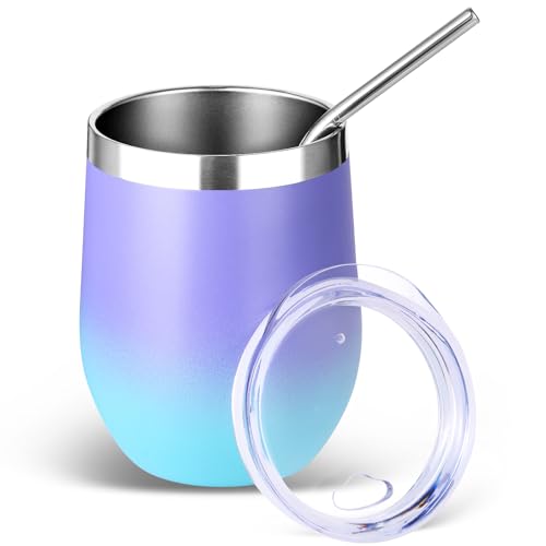 Volhoply Vaso de vino de acero inoxidable de 12 onzas con tapa y popote, 350 ml, doble pared aislada al vacío, copas de vino sin tallo, taza de café de viaje para bebidas frías, vasos regalos para