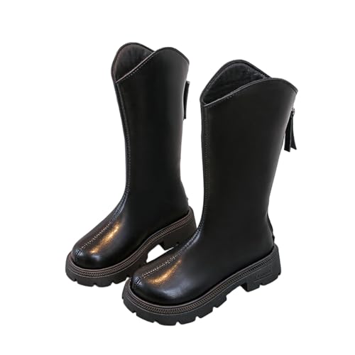 White Chunky Riding Boots for Girls:Fashion Wide Calf Slip on Round Toe Soft Combat Booties 2025 Fall Cowgirl Shoes Footwear（Size13.5,Black