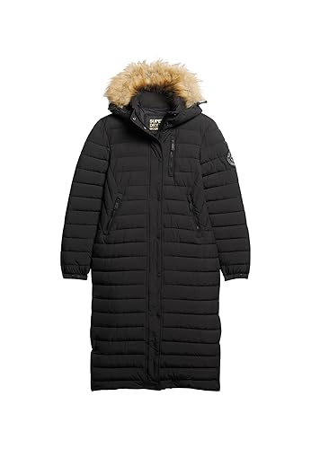 Superdry Damen Lang geschnittener Fuji Steppmantel mit Kapuze Schwarz 36