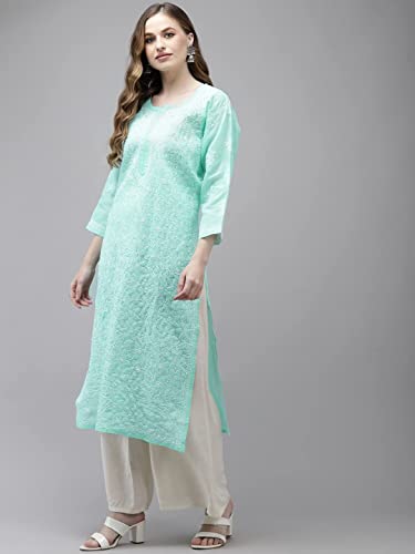 Image of Ada Women's Cotton Straight Fit Straight Hand Embroidered Lucknowi Chikankari Kurta Kurti A411165