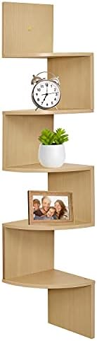 Greenco 5-Tier Corner Shelves, Floating Corner Shelf, Wall Organizer Storage, Easy-to-Assemble Tiered Wall Mount Shelves for Bedrooms, Bathroom Shelves, Kitchen, Offices, Living Rooms (Natural Finish)