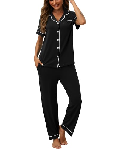 Image of HNG Women Pajamas Set 2 Piece Button Up Pajamas Pant and Short Sleeve Shirt for Woman Pj Sets with Pocket