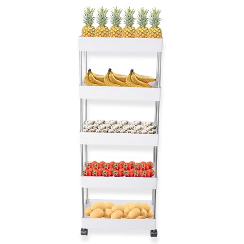 Image of AEXONIZ TOYS Plastic Kitchen Storage Trolley Rack with Wheels, Slide Out Rolling Utility Cart Storage Shelves, Space Saving Home Storage Organizer Racks (White, 5 Layer)