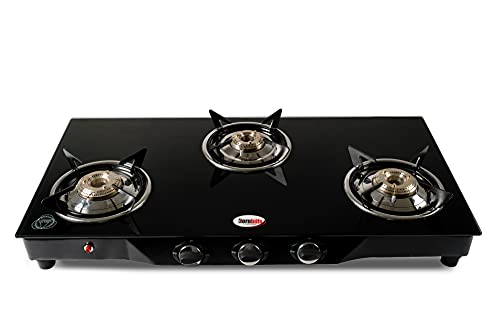 Hornbills Auto Ignition Glass Top 3 Burner Gas Stove with Heavy 3D Pan Support, Black, PNG (ISI Certified, Black)- 2 Year Warranty By Hornbills Appliances