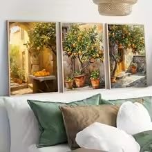 Set di 3 tele con dipinti, paesaggio vintage in stile cottagecore, stampe su tela, poster con albero d'arancio, stampe artistiche in stile country da appendere al muro (70x110 cm x 3/senza cornice)