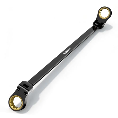 Image of SUZUME Extra Long Flex Head Ratcheting Wrench 14-15mm Metric Double Box End 180 Flexible Head 72-Tooth 15K Gear Tested CR-V Steel Black Chrome Finish For Automotive Brake Caliper Suspension & DIY