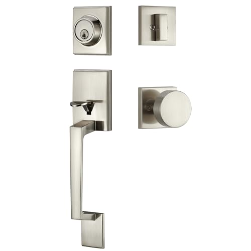 dairazan Satin Nickel Front Door Handle Set – Exterior Entry Lock with Single Cylinder Deadbolt & 3 Keys, Heavy-Duty Modern Lever, Reversible for Left/Right-Handed Doors