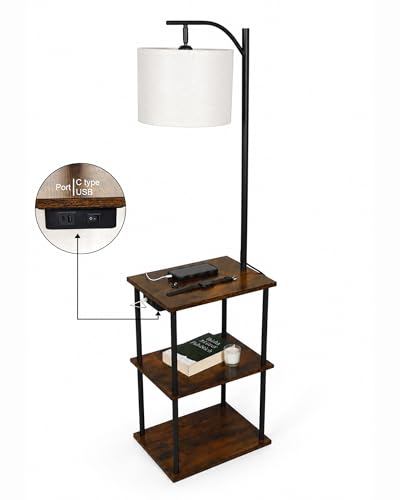 Image of Homesake Modern Floor Lamp with Wooden Shelves & Charging Station | Bedside Lamp with USB Port, Power Outlet | Corner Light, Space-Saving Side Table Lamp for Living Room & Bedroom (Walnut, Off-White)
