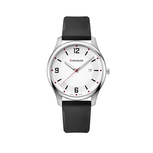 Wenger Relojes Hombre City Classic Ø 43mm, Suizos, Cuarzo, Impermeable 30m, Silicona Pulsera, Cristal de Zafiro, Plata/Blanco/Negro, 01.1441.108