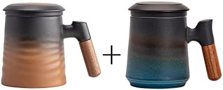ZENS Tea Cup with Infuser and Lid, 13.5 Ounces Gradient Embossed Loose Tea Mug, Rosewood Handle Ceramic Tea Steeping Mug for Gifts, Black & Brown*1 and Black&Blue*1