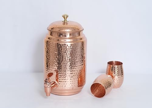 Image of 5 Litre Pure Copper Jointless Hammered Water Dispenser with 2 Loki Copper Glasses | Ayurvedic Matka /Container Pot for Drinking Water (5000 ml) +(600 ml)