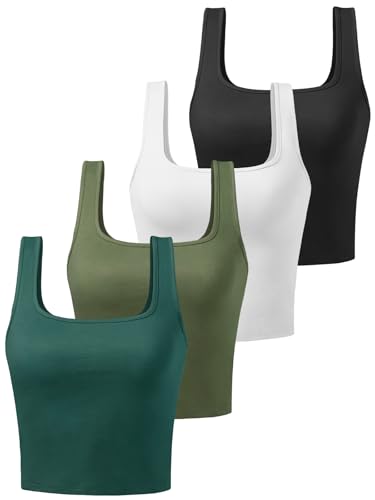 BryticFlow Damen-Baumwoll-Crop-Tops - Quadratausschnitt Tanktops für Freizeit & Sport 4er-Set (Schwarz/Weiß/Dunkelgrün/Oliv) S