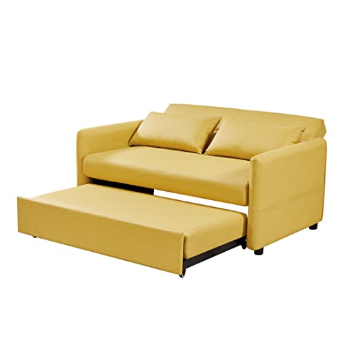 Melpomene Loveseat Sleeper Faux Leather Couch W/Pull-Out Bed And Adjustable Back, 57.1" Modern Convertible Sofa Bed W/ 2 Side Pockets And 2 Pillows (Yellow) #TOP5