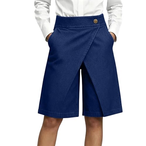 Image of BVEBJDX Women's Wrap Front Jeans Bermuda Shorts High Waist Knee Length Denim Shorts Casual Asymmetrical Cross Over Front Button Wide Leg Short Jean Trendy Denim Half Pants with Pockets