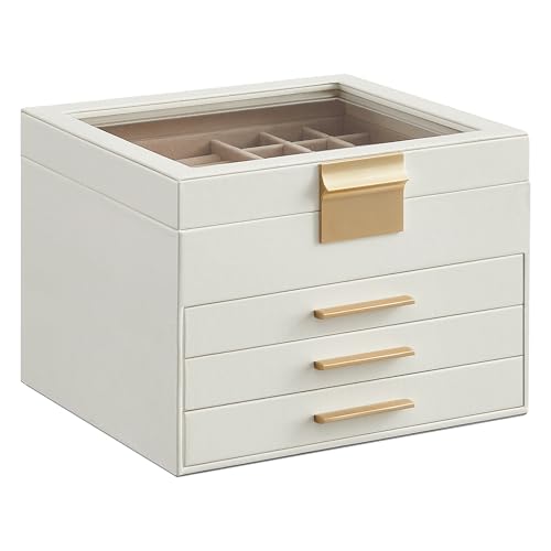 SONGMICS Jewelry Box Organizer with Glass Lid, 4-Layer Jewelry Storage, with 3 Drawers, Modern Style, Christmas Gift, 8 x 9.1 x 6.5 Inches, Cloud White and Gold Color UJBC173W01 4 Layer (8"D