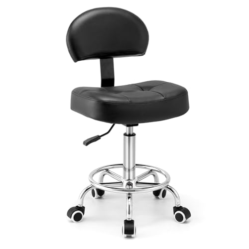 Rollhocker mit Lehne - Hocker mit Rollen und breitem rechteckigem Sitzkissen | Rollhocker höhenverstellbar 51-64cm | Drehhocker mit Rollen mit gleichmäßigem Lauf | Ideal für Salon Kosmetik (Tinte)