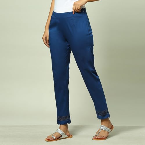 Image of Rangriti Indigo Cotton Blend Slim Pant for Women