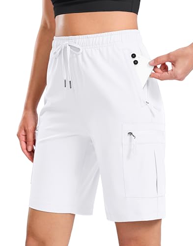 Santiny Women'S 7'/9' Lightweight Hiking Cargo Shorts With 5 Zipper Pockets Quick Dry Summer Long Travel Golf Short For Women (White_Xl)