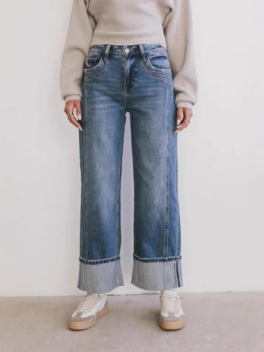Women's Casual Straight Leg Mid Rise Boyfriends Jeans Fashion Cuffed Baggy Denim Pants2