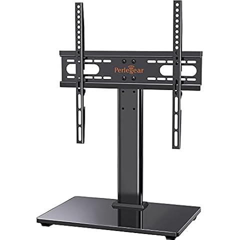 Perlegear Universal Table Top Pedestal TV Stand for 32"-55" LED Plasma Flat Curved Screens, Height Adjustable TV stand with Tempered Glass Base & Cable Management, Holds 40 KG Max.VESA 400x400mm Cover