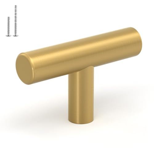 LONTAN 12 Pack Gold Cabinet Knobs Brushed Brass Drawer Knobs T Bar Cabinet Hardware for Dresser Cupboard Kitchen Bathroom