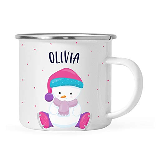 Andaz Press Personalized 11oz. Kids Christmas Hot Chocolate Stainless Steel Campfire Coffee Mug, Seated Snowman Ice Skates, 1-Pack, Custom Child’s Birthday Xmas Cup Personalized Hot Cocoa Mug For Kids