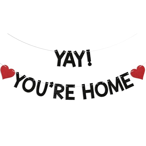 Calkkrer Yay! Youre Home Banner Schwarz Glitzer Welcome Home Dekoration Willkommen Zuhause Girlande Willkommens Banner Tür Willkommen Zurück Partydeko