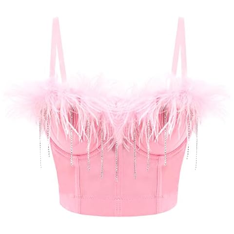 Testudineus Women Novelty Faux Fur Cage Bra Vest Tassel Chain Bustier Corset Crop Top for Club Festival Party Cover