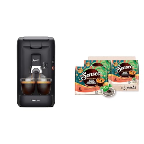 Philips Senseo Maestro Kaffeepadmaschine Bundle mit 80 Kaffeepads, 3 Kaffeespezialitäten, Memo-Funktion, Crema Plus, Intensität Plus, aus recyceltem Plastik, 1,2L, Scchwarz (CSA260/60)
