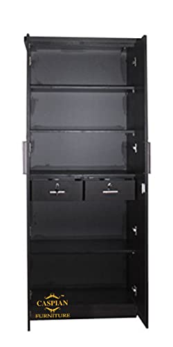 Image of CASPIAN Engineered Wood 2 Door Wardrobe (Black) | Pre-Assembled Furniture | Cupboard /Almirah for Bedroom, Office & Kid's Room | Home Clothes Storage Organizer with 5 Shelves & 2 Drawers