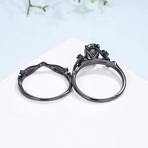Black Gold Moss Agate Ring Set for Women, 10K 14K 18K Gold/925 Sterling Silver Vine Leaf Moss Agate Band Rings Bridal Wedding Ring Sets Gifts for Bride Wife4