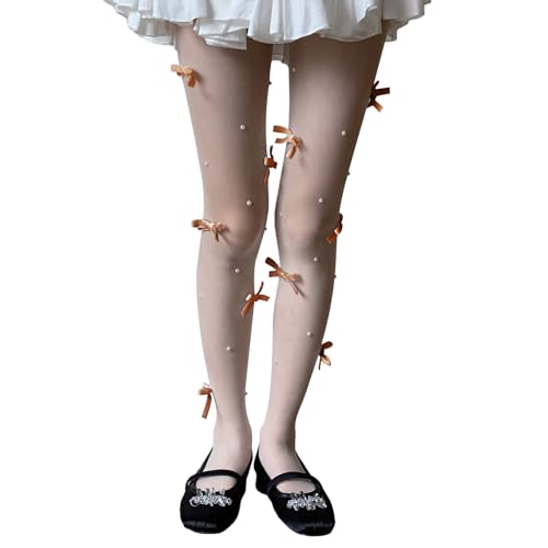 Image of SOLILOQUY Women Y2K Lolita Sheer Tights Bow Knot High Waist Footed Pantyhose Stockings See-Through Stretchy Leggings