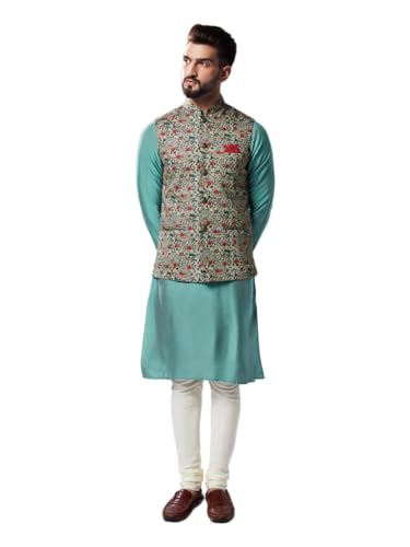 Image of KISAH Men Printed Kurta Jacket Set, Full Sleaves, Knee Length, Straight, Regular Fit, Mandarin Collar Ethnic Wear